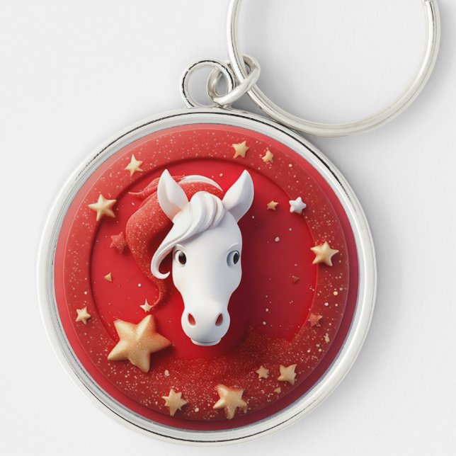 Chaveiro Retrato de Cavalo Geométrico em Vermelho e Branco  (Frente)