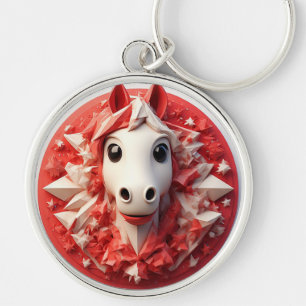 Chaveiro Retrato de Cavalo Geométrico em Vermelho e Branco 