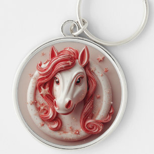 Chaveiro Retrato de Cavalo Geométrico em Vermelho e Branco 