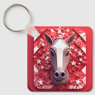 Chaveiro Retrato de Cavalo Geométrico em Vermelho e Branco 