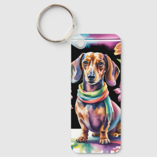 Chaveiro Retrato de Dachshund em Luz Neon e Moldura Floral