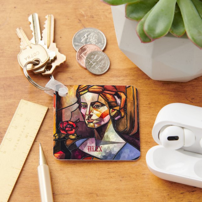 Chaveiro Retrato de vidro abstrato com Rosa (Mesa)