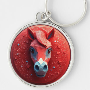 Chaveiro Retrato Geométrico de Cavalo em Vermelho e Branco 