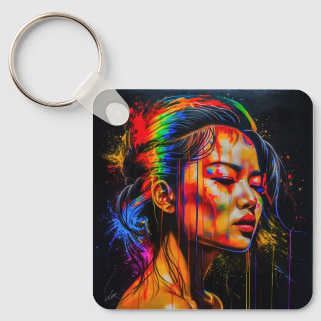 Chaveiro Retrato Neon Vibrante - Arte Expressionista Abstra (Frente)