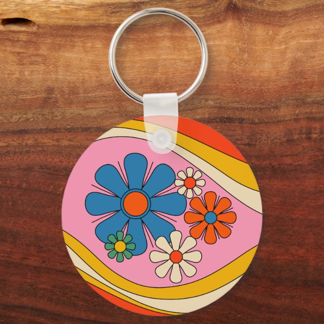 Chaveiro Retro 60s 70s Floral Rosa com Inicial (Frente)