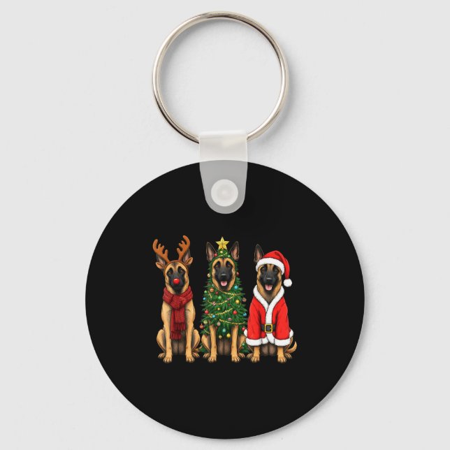 Chaveiro Retro Christmas Belgian Malinois Santa Reindeer Do (Frente)