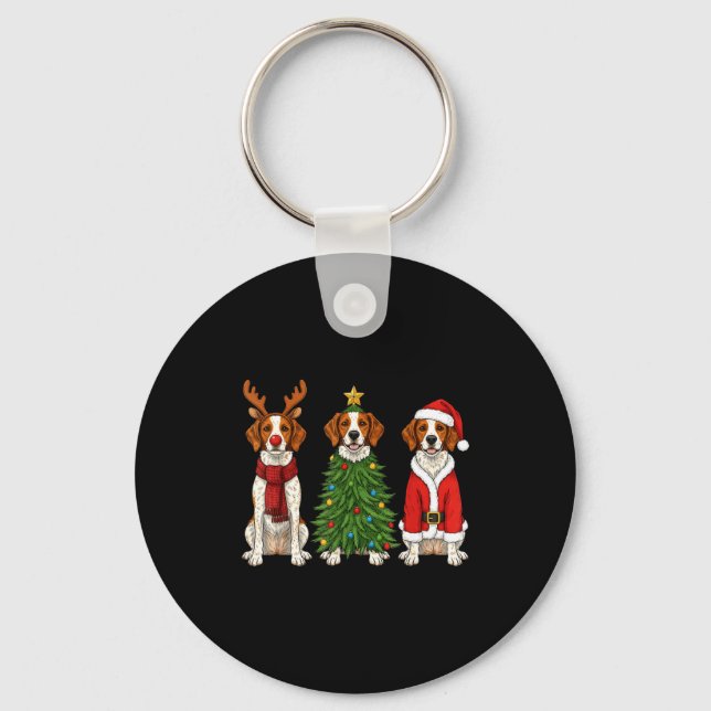 Chaveiro Retro Christmas Brittany Spaniel Santa Reindeer Do (Frente)
