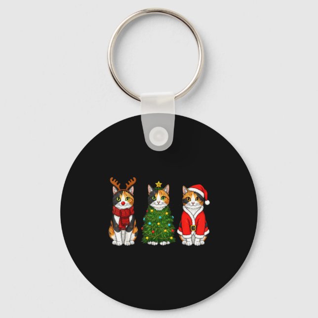 Chaveiro Retro Christmas Calico Cat Santa Reindeer  (Frente)