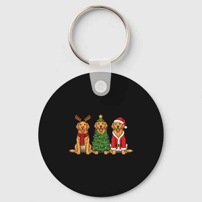 Chaveiro Retro Christmas Golden Retriever Santa Reindeer Do (Frente)