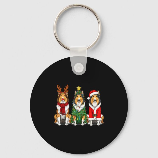 Chaveiro Retro Christmas Rough Collie Santa Reindeer Dog Lo (Frente)