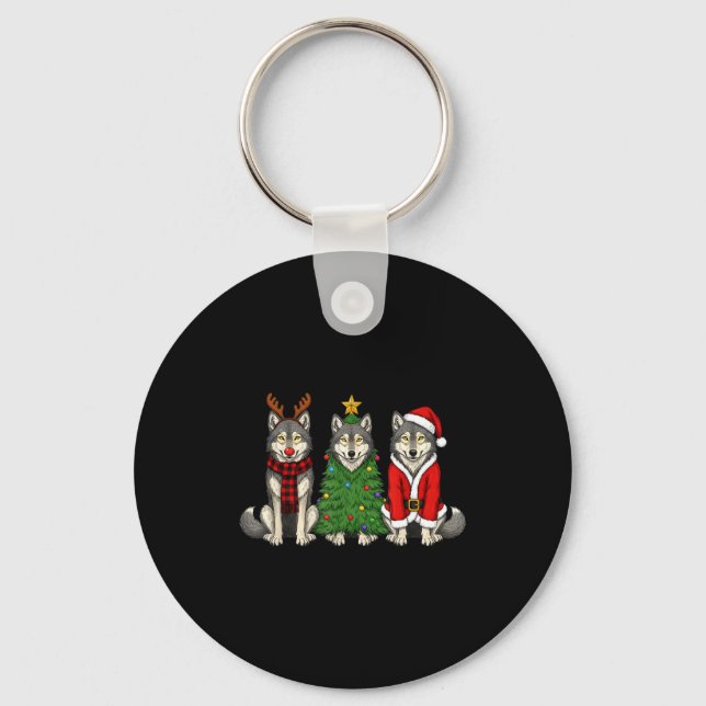 Chaveiro Retro Christmas Wolf Santa Reindeer  (Frente)