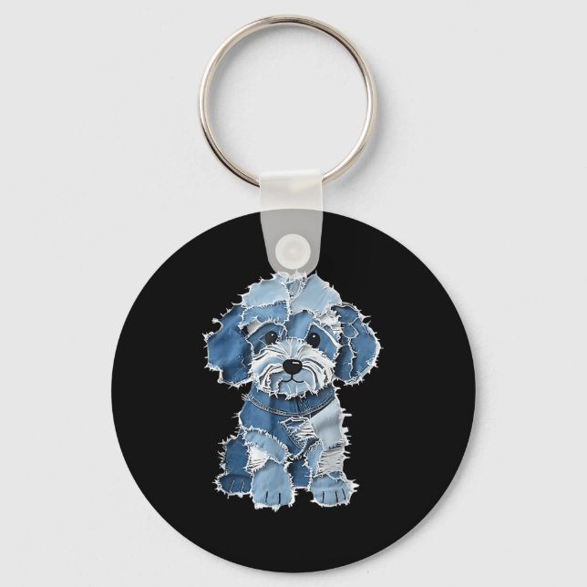 Chaveiro Retro Denim Dog Patch, Engraçado Shabby Blue Jean  (Frente)