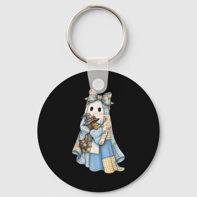 Chaveiro Retro Halloween Azul Denim Fantasma Dachshund Engr (Frente)