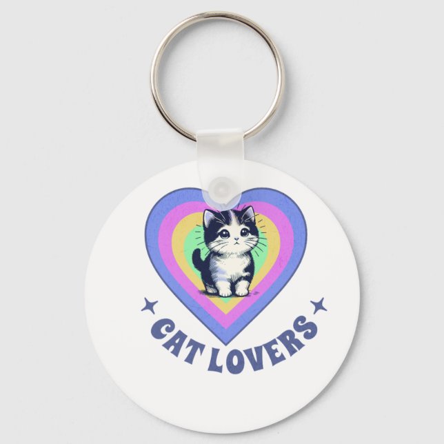 Chaveiro Retro Love Cats Illustration for Cat Lovers (Frente)