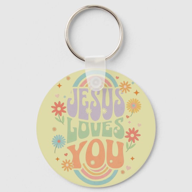 Chaveiro Retro Pastel “Jesus Loves You” Christian Design –  (Verso)