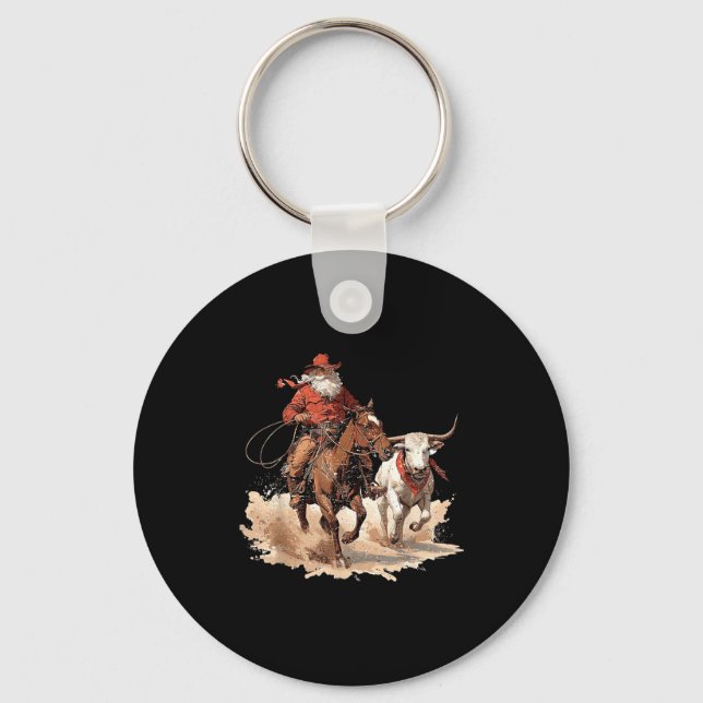 Chaveiro Retro Santa Rodeo Reindeer Cowboy Western Horse Hi (Frente)