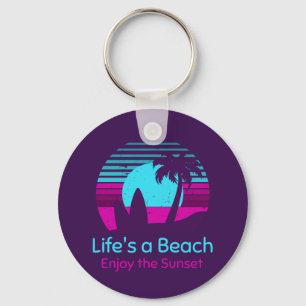 Chaveiro Retro Sunset Surfboard Palm Tree Life's a Beach