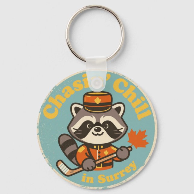 Chaveiro Retro Surrey BC Raccoon and Hockey Stick (Frente)