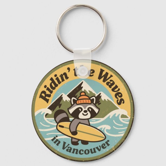 Chaveiro Retro Vancouver Surfing Raccoon (Frente)
