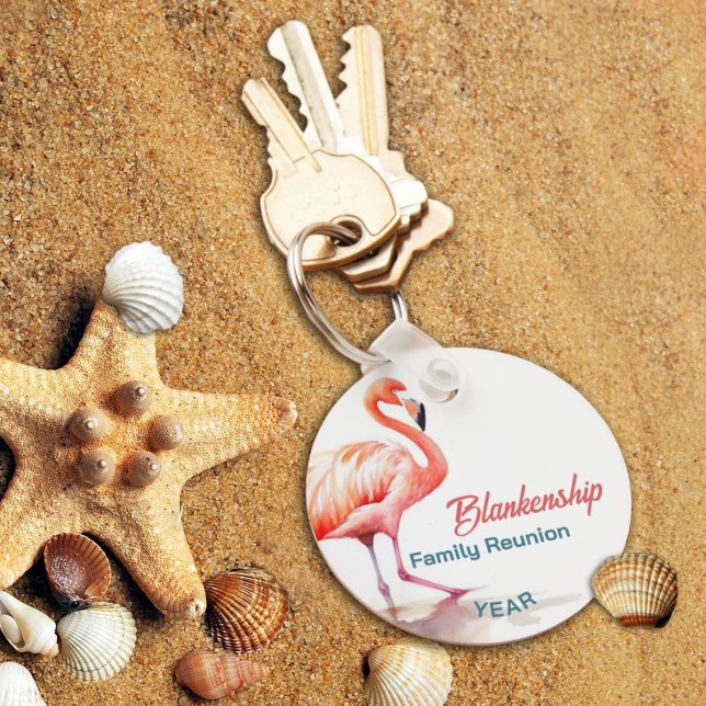 Chaveiro Reunião Familiar Pastel Flamingo Tropical Anual (This fun flamingo keychain is ready for personalization as a keepsake from your family reunion.)