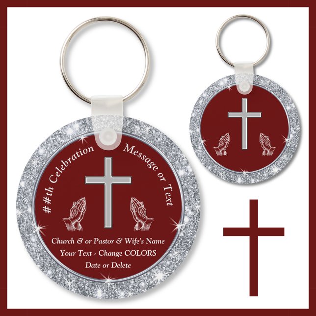 Chaveiro Rezando Mãos Cruzadas Aniversário da Igreja (Church anniversary Ideas. Burgundy and Silver, Church party favors. Cheap church keychains. Cross)