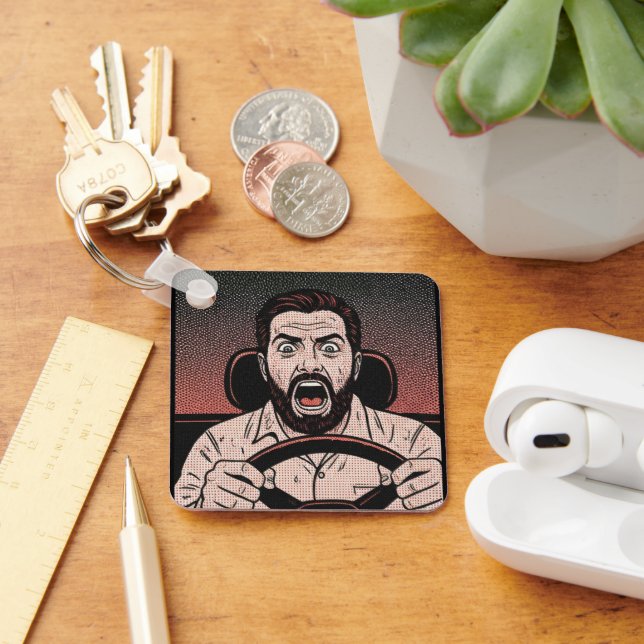 Chaveiro Road Rage Comic – Driver’s Fury Unleashed (Mesa)