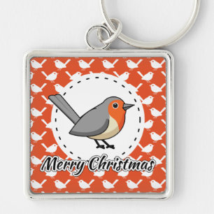 Chaveiro Robin on Orange White Bird Pattern - Feliz Natal