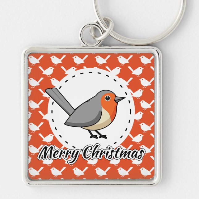 Chaveiro Robin on Orange White Bird Pattern - Feliz Natal (Frente)