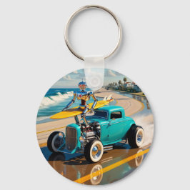 Chaveiro robô vintage com surfboard , na praia