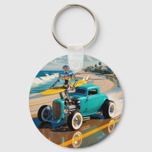 Chaveiro robô vintage com surfboard , na praia