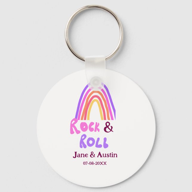 Chaveiro Rock & roll wedding add couple name retro rainbow  (Frente)