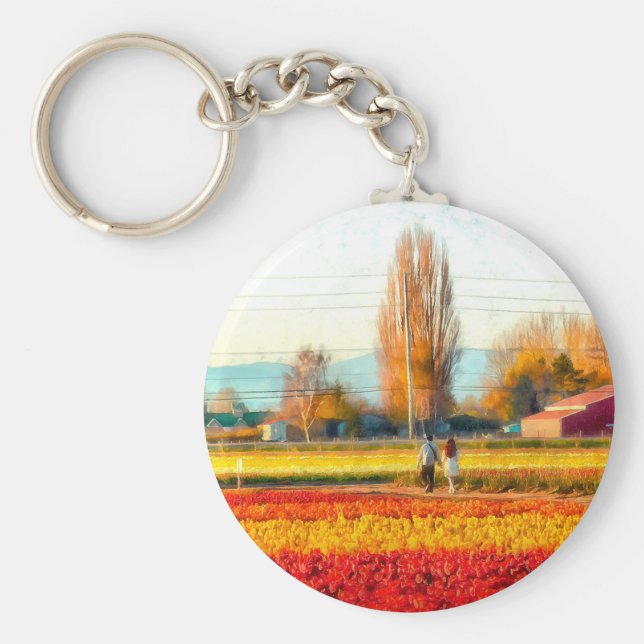 Chaveiro Rolando por meio de campos Dourados e vermelhos (Frente)