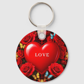 Chaveiro Romantic Red Heart Framed by Roses and Butterflies