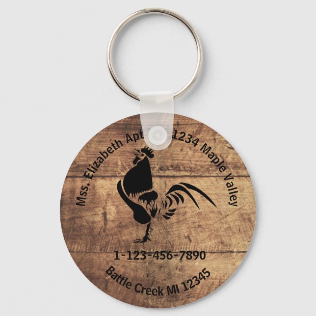 Chaveiro Rooster Silhouket Home ou Business Contact Info K (Frente)