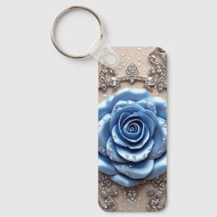 Chaveiro Rosa Azul Elegante com Diamantes Brilhantes