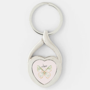 Chaveiro Rosa Bege Verde Menta Dourado Borboleta Amor
