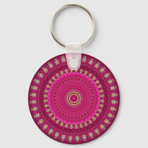 Chaveiro Rosa Brilhante com Desenho de Mandala Amarela