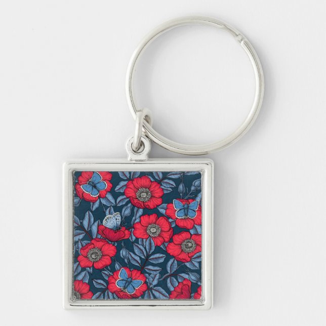 Chaveiro Rosa de cão e borboletas em azul e vermelho (Frente)
