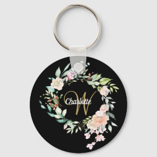 Chaveiro Rosa Floral Script Monograma Preto Dourado