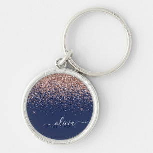 Chaveiro Rosa Glitter Monograma Azul Naval Ouro