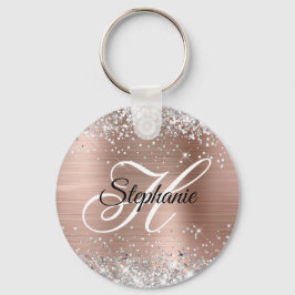 Chaveiro Rosa Glitter Prata Folha Dourada Monograma Chique