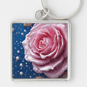 Chaveiro Rosa Rosa Elegante com Pérolas e Cristais