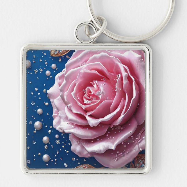 Chaveiro Rosa Rosa Elegante com Pérolas e Cristais (Frente)
