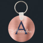 Chaveiro Rosa Rosa Rosa Rosa Dourada Marinho Azul Monograma<br><div class="desc">Cor rosa rosa rosa Dourada e Marinho azul Faux Stainless Steel Metallic Elegant Chaveiro. Esses Chaveiros podem ser personalizados para incluir seu nome e nome inicial. Estas correntes-chave fazem favores de excelente,  chá de panela ou festa de solteira.</div>