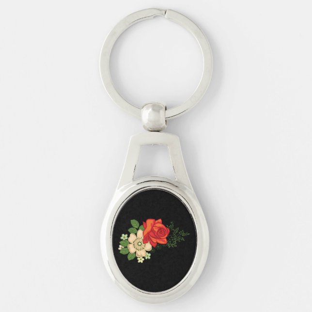 Chaveiro Rosa Vermelha e Margaridas Fundo Preto (Frente)