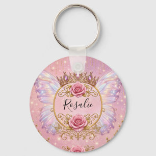 Chaveiro Rosas Borboleta Fada Princesa Floral Rosa e Dourad