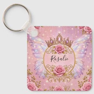 Chaveiro Rosas Borboleta Fada Princesa Floral Rosa e Dourad