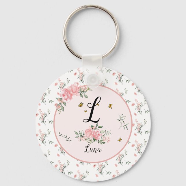 Chaveiro Rosas Cor-de-Rosa Elegantes em Aquarela com Borbol (Frente)