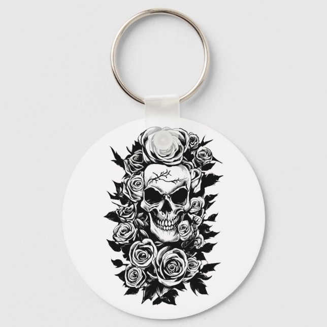Chaveiro Rosas de crânio humano Gótico de tinta original (Frente)