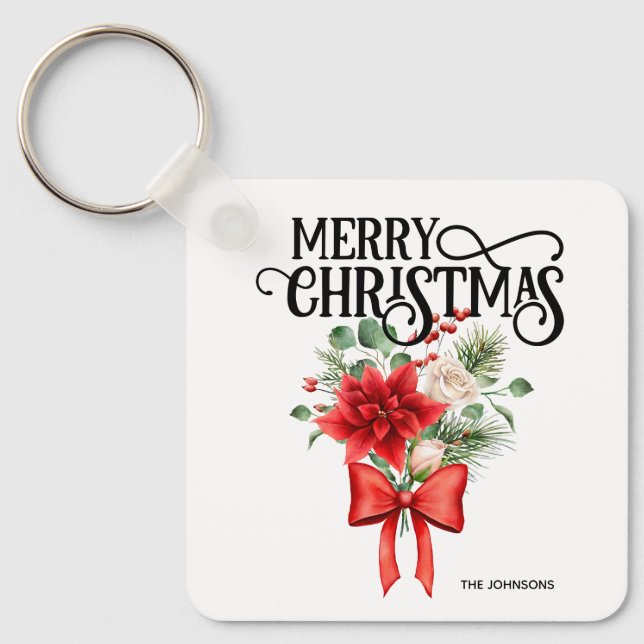 Chaveiro Rosas de Poinsettia Buquê de Flor de Natal (Frente)